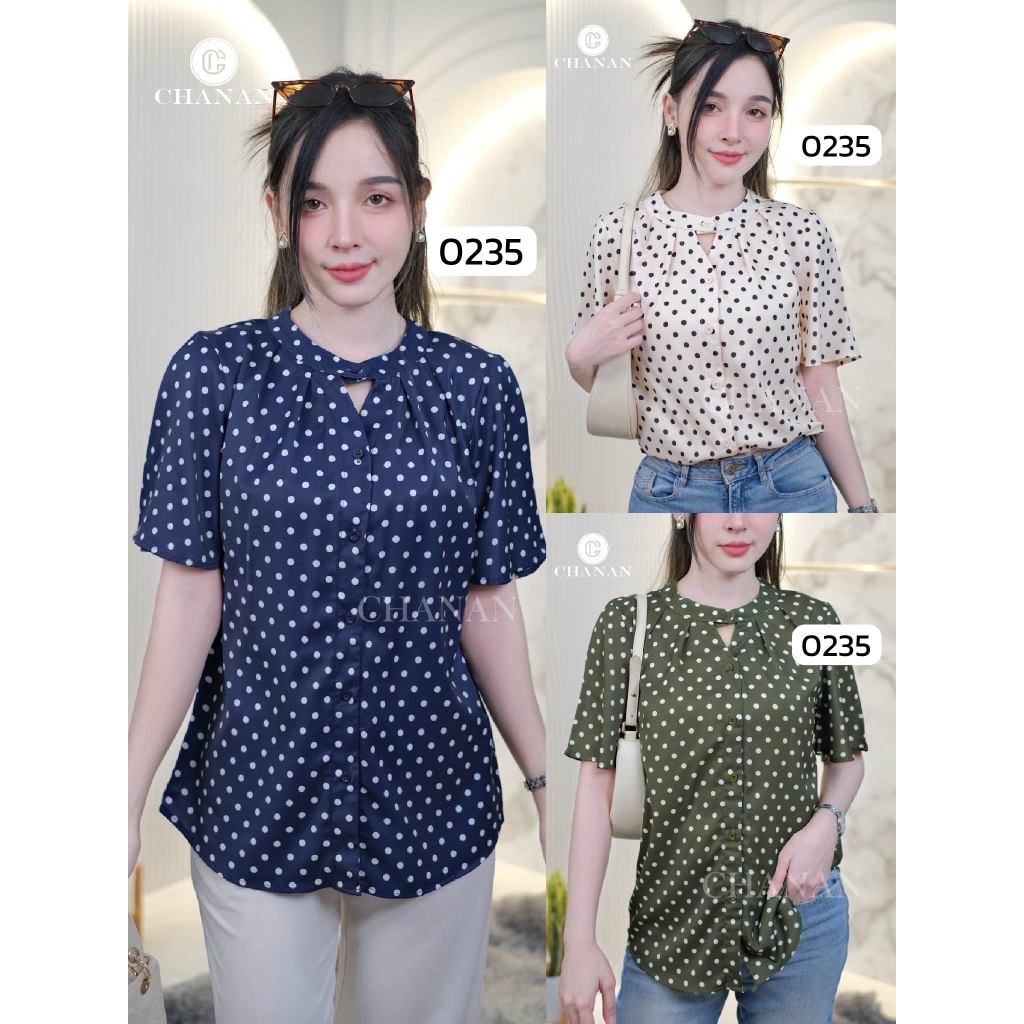 🔥Chanan☘️ เสื้อโพลีผสมคอตตอน แขนสั้นแต่งระบาย ลายจุด ทรงสวยใส่สบาย ใส่ได้ทุกโอกาส มี3สี รุ่น0235