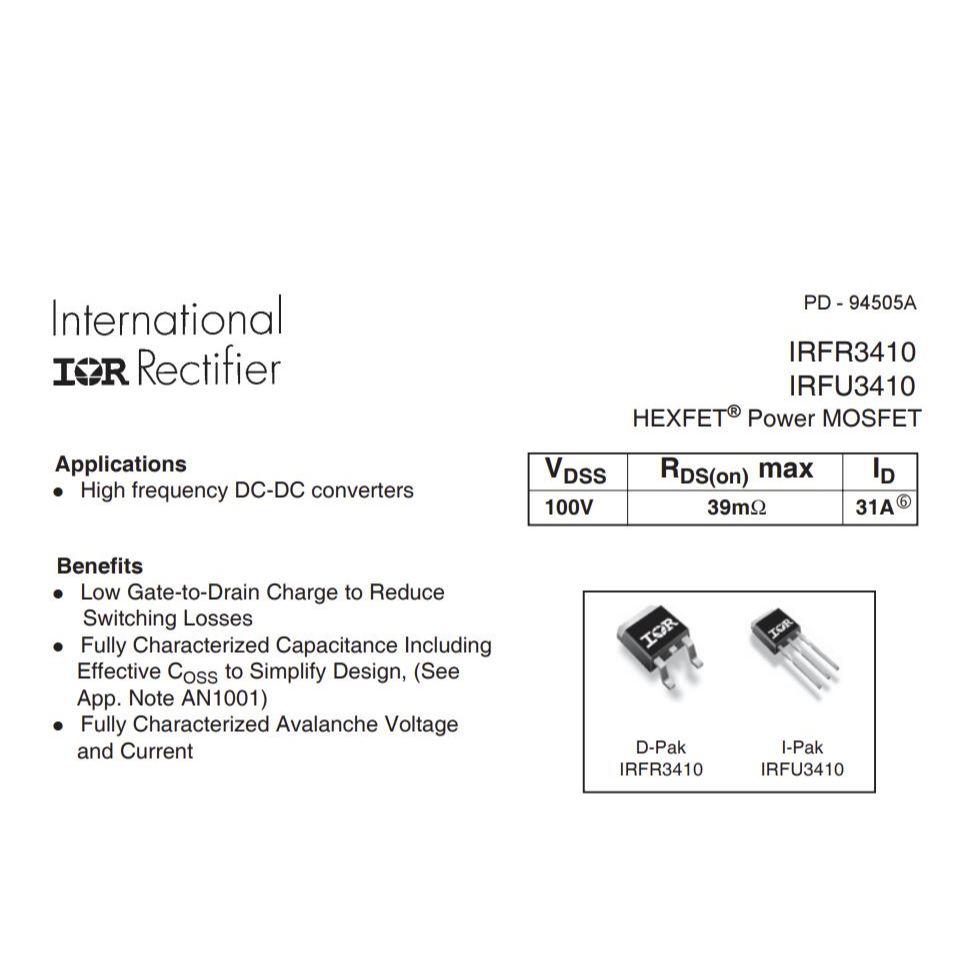 มอสเฟต IRFR3410TRPBF IRFR3410 (จำนวน 10ชิ้น) 100V 31A 110W TO-252 IR/INFINEON/VISHAY ของแท้