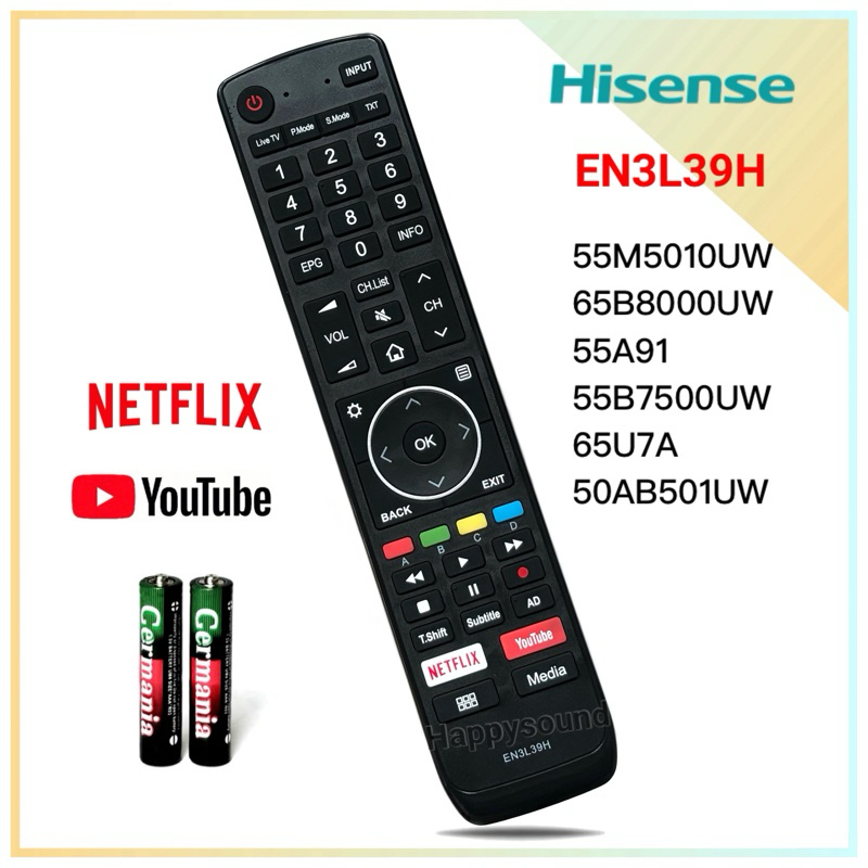 รีโมทสมาร์ททีวี ยี่ห้อ Hisense ไฮเซ่นส์ รหัส EN3L39H สำหรับรุ่น 55M5010UW 65B8000UW 55A91 55B7500UW 65U7A 50AB501UW