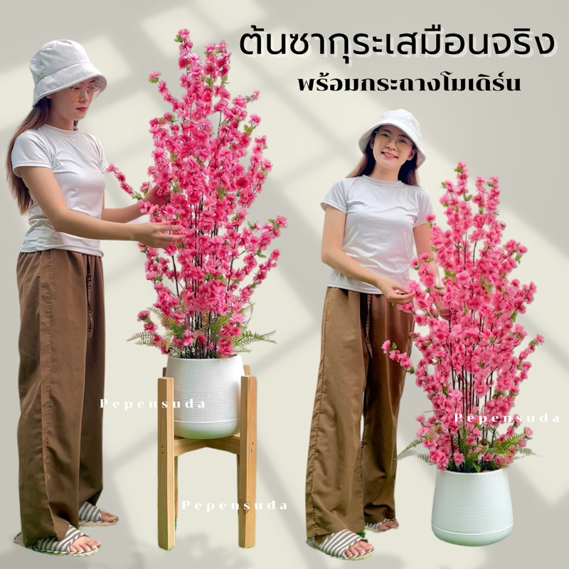 ต้นซากุระรุ่นพุ่มหนา สูง 120 ซม. พร้อมกระถางโมเดิร์นขนาด 9 นิ้ว ใช้สำหรับตกแต่งต้นไม้เสมือนจริง