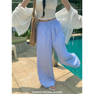 🥰กางเกงสตรีลายทาง กางเกงลำลอง กางเกงขายาวทรงหลวม ผ้าใส่สบาย มีเชือกผูกเอวสูง มี 3 สี