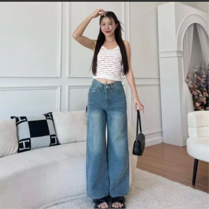 Belin Star กางเกงยีนส์สี Medium Blue สายฝอ ทรงขากระบอก