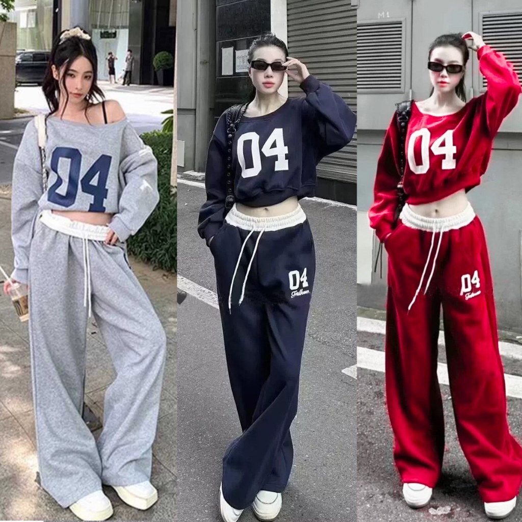 SS 424 ชุดเซ็ตเสื้อครอปปาดไหล่ + กางเกงขากระบอกใหญ่ ใส่สบายมาก