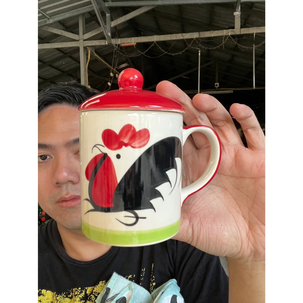 แก้ว พร้อมฝา เซรามิค ชากาแฟ ทรงกระบอก แก้วมัค ลายไก่ ขนาด3.5x3นิ้ว ขนาด300ml หรือ 10.14oz ออกใบกำกับภาษีได้