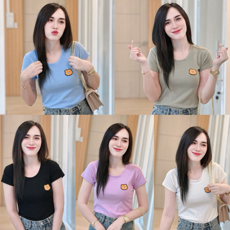 เสื้อยืด แขนสั้น คอยู ติดอะไหล่ bear งานสวย สไตล์ชิคชิค