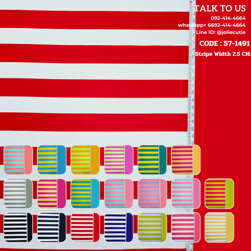 ผ้าคอตต้อนแท้สีพื้น/ผ้าฝ้ายแท้/ผ้าคอตต้อนป๊อบลิน/คอตต้อนคอมป์/cotton comb ลายริ้วขนาด 2.5 cm. 57-1491