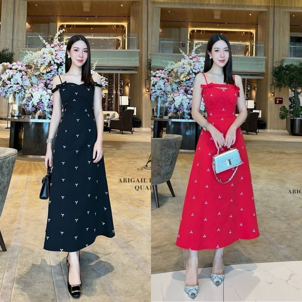 ร้านโค้ดคุ้ม ABIGAIL 4 เดรสแต่งโบว์ งานปักดอกทั้งชุด สายปรับระดับได้ สีดำ สีแดง ใส่ออกงาน สวยมาก