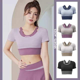 mvp sport เสื้อออกกำลังกายผู้หญิง เสื้อผ้าโยคะ เสื้อบราแขนสั้น สีทูโทน แผ่นรองหน้าอกฟองน้ำคงที่ [กทม. พร้อมส่ง]