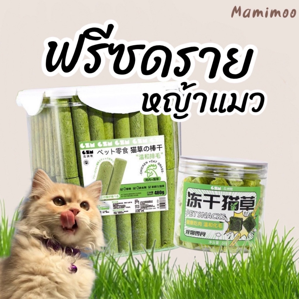 Mamimoo พร้อมส่ง หญ้าแมวอัดแท่งแบบซอง ช่วยขัดฟัน กำจัดก้อนขน หญ้าแมวฟรีซดรายแบบแท่ง