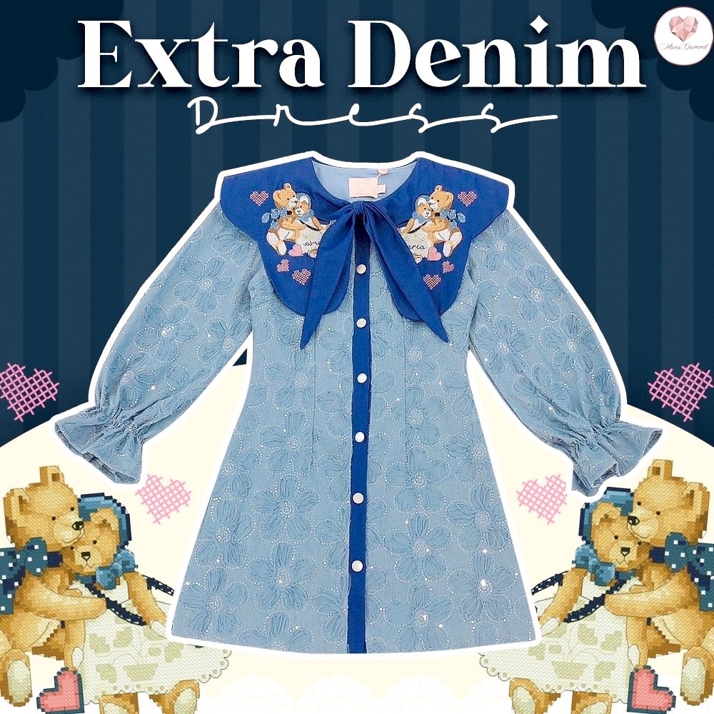 (มี3XL) Extra Denim Dress เดรสยีนส์ลายดอกไม้ 3D ปักเลื่อม ปกกะลาสีงานปัก กระดุมหน้า มีซับใน แขนยาวปลายแขนสม็อค