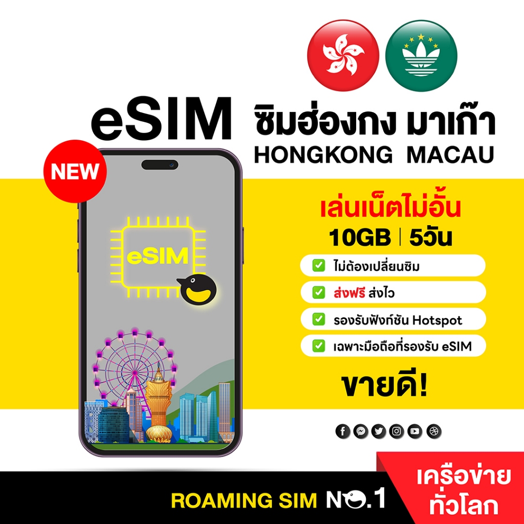 (ทักแชท ก่อนสั่งซื้อ) eSIM Hong Kong & Macau 4G High Speed 5 Days 10GB อีซิม ฮ่องกง-มาเก๊า 5วัน 10GB