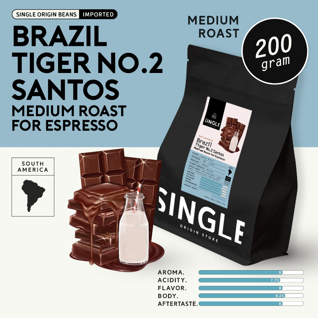 (ลด 15% คายแก๊สพร้อมทานรอบคั่ว 27/11 ขนาด 200g) Brazil Tiger No.2 Santos (Specialty Coffee)