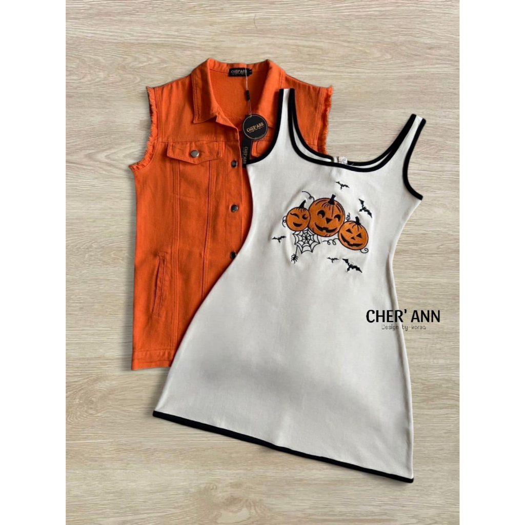 Chaaim Shop ❤️CA306 ป้ายCher'Ann  เซ็ต 2 ชิ้น เสื้อคลุมเชิ้ตคอปกแขนกุดสีส้ม+เดรสสั้นลายฟักทอง