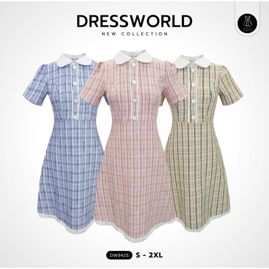 {S-2XL} 9425 งานป้าย Dress World เดรสสั้น คอปก ผ้าทวิต แต่งกระดุม น่ารักฝุดๆ รีบจับจองน๊าา