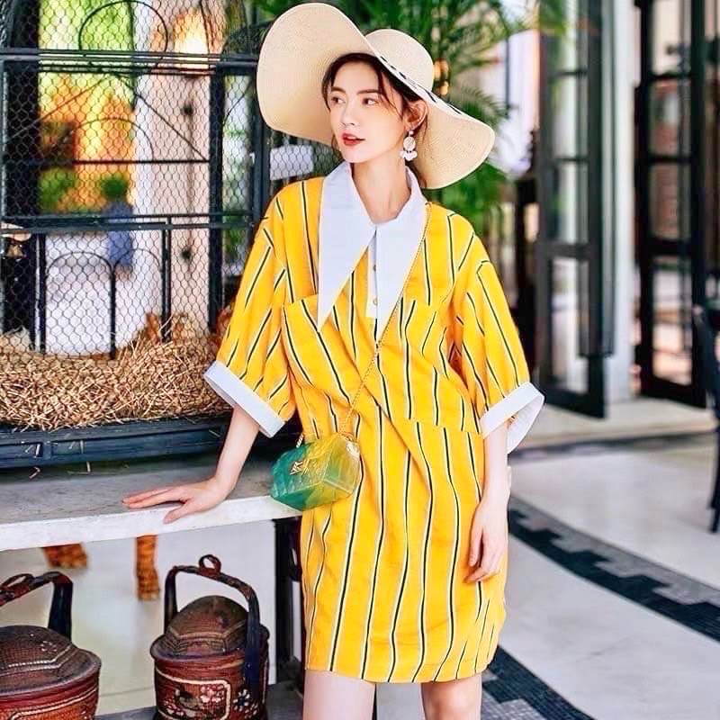 sirin studioเดรสน้องมัสตาร์ดดีเทลลายริ่วสีเหลืองB143