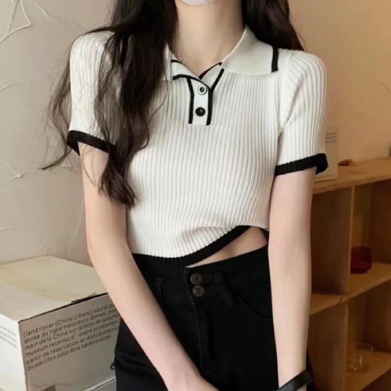 KO2 เสื้อดำ เสื้อแขนสั้นผู้หญิง ไหมพรม