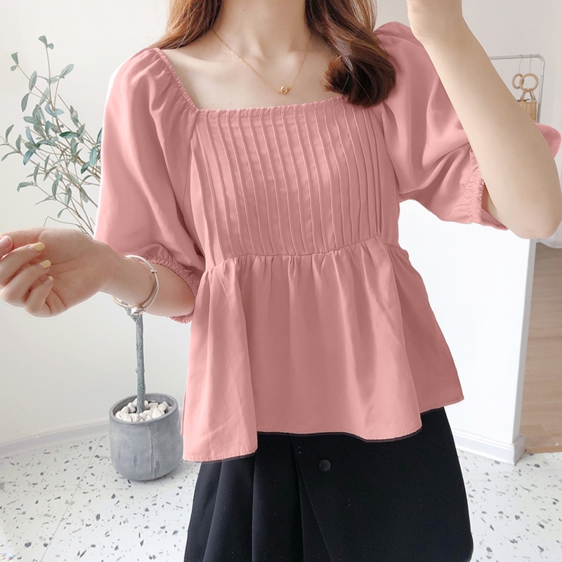 Walkon พร้อมส่งจากไทย เสื้อน่ารักเข้าใหม่ เสื้อเชิ้ตแขนพอง ทรงหลวมสไตล์เกาหลี ใส่ไปเข้าวัดทำบุญคือเหมาะมาก ดูสุภาพ แต่งจ