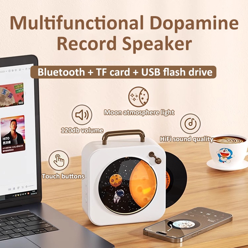 【จัดส่งฟรี】SUNATUR DZ-010 ลำโพงไร้สายบลูทูธ,เครื่องเล่นเพลงไวนิลขนาดเล็ก,ชาร์จ USB โคมไฟข้างเตียงพร้อมลำโพงสมาร์ทบลูทูธ