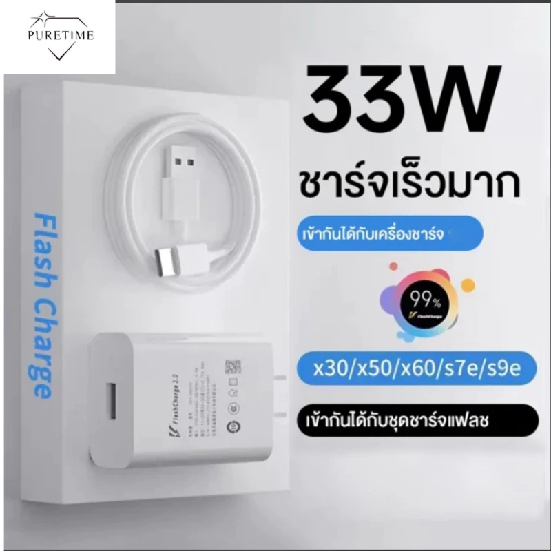 puretime ชุดชาร์จด่วน ViVO 33W 44W usb (สายชาร์จ+หัวชาร์จ)ชาร์จไวขึ้นถึง 2 เท่า Fast charging สําหรับ vivo X30 X50 Z1x