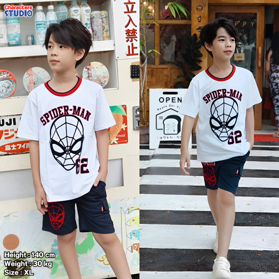 Marvel Boy Spider-Man Flock Print T-Shirt &Short - เสื้อยืด และกางเกงเด็กลายสไปเดอร์แมน สินค้าลิขสิทธ์แท้100%