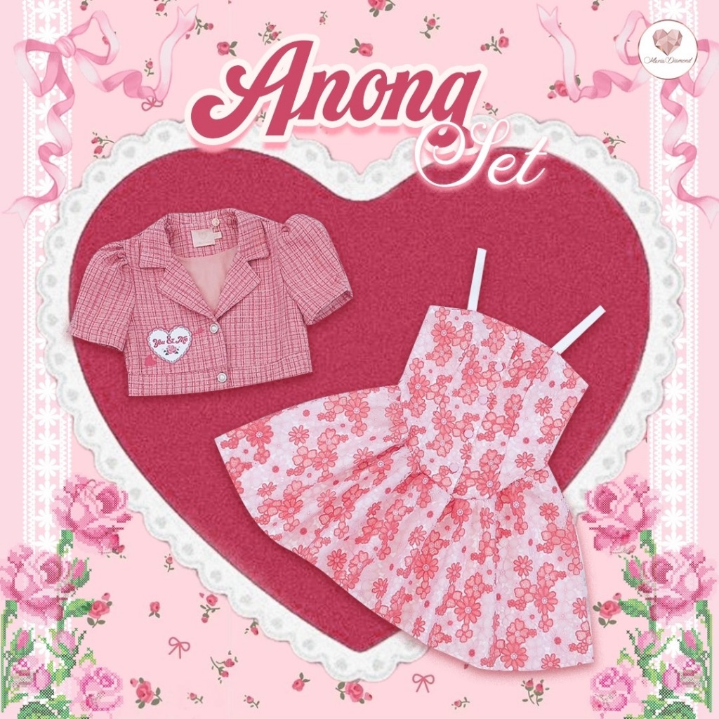 (มี 2XL) Anong Set ชุดเซ็ต 2 ชิ้น เดรสสั้นผ้าลูกไม้ปักลายดอกไม้ สายเดี่ยว ติดกระดุมหน้า + เสื้อครอปแขนสั้นผ้าทวีต มีปก
