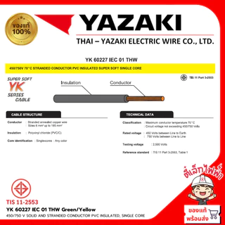 YAZAKI สายไฟTHW YK ยาซากิ สายดิน สายกราวด์ IEC01 1x6/1x10/1x16 สีเขียวคาดเหลือง แบ่งตัด(5เมตร/10เมตร) ยี่ห้อยาซากิ