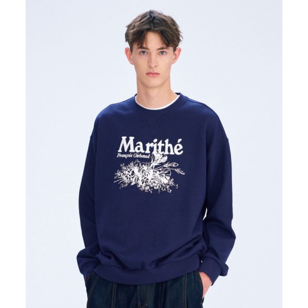 Marithe Flower Oversized Sweatshirt (Light Heather Gray, Navy)