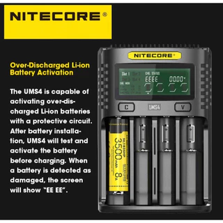NITECORE UMS4 USB สี่ช่อง QC C4 VC4 LCD Smart Charger IMR INR ICR Li-ion AA 18650 14500 16340 26650 ชาร์จ 3.7 1.2V 1.5V