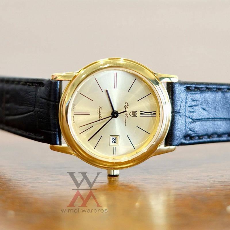 นาฬิกา OP (Olym Pianus) รุ่น 130-10B-403E Sapphire QUARTZ (หน้าทอง-สายหนังดำ) 28mm