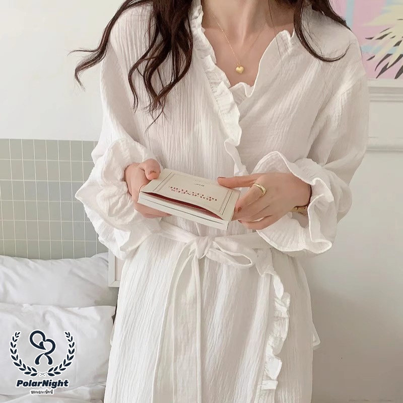 Polar_night💕💕พร้อมส่งจากไทย แขนยาว ชุดนอนผู้หญิง สไตล์เสื้อคลุมอาบน้ำ ผ้าใส่สบาย รัฟเฟิล ชุดอยู่บ้าน