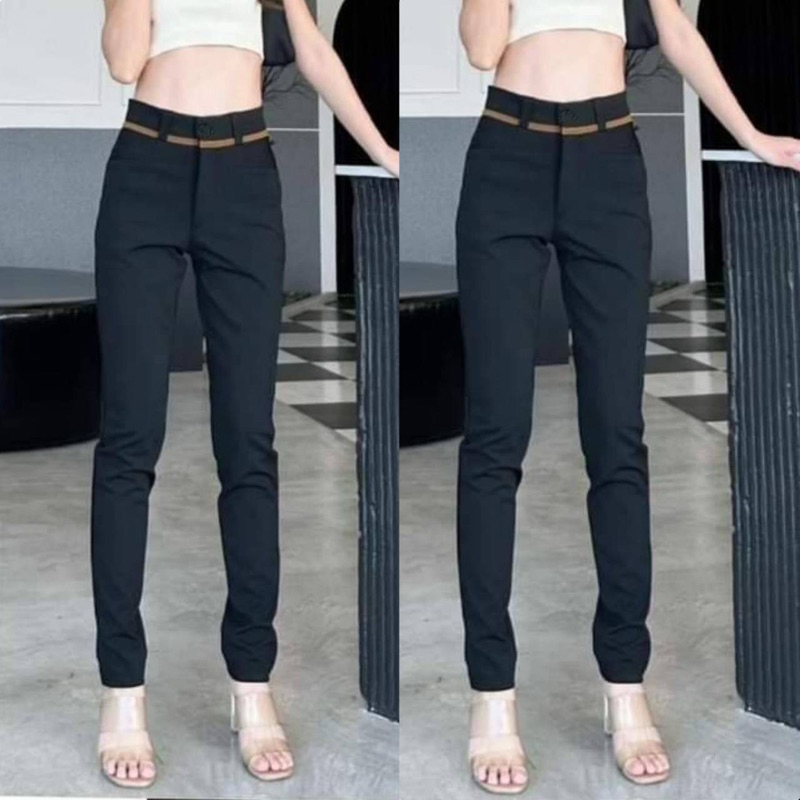 กางเกงขายาวใส่ทำงานแต่งขอบเอวมีหูเข็มขัดผ้าโรเชฟเก็บพุงกระชับสัดส่วน#ขอบทอง
