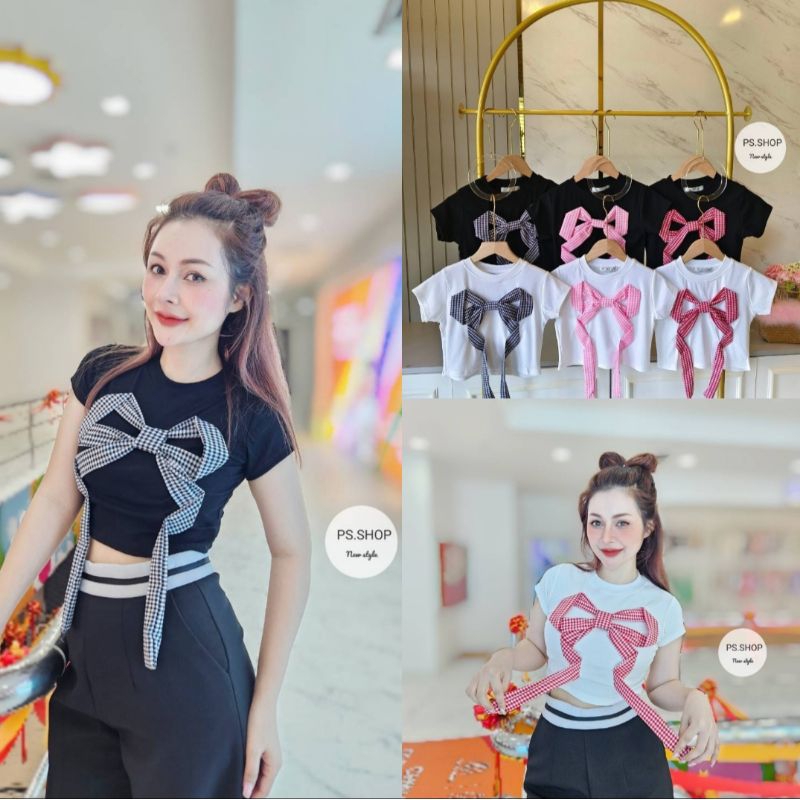 เสื้อครอปแขนสั้นแต่งโบว์ผ้าลายสก็อต