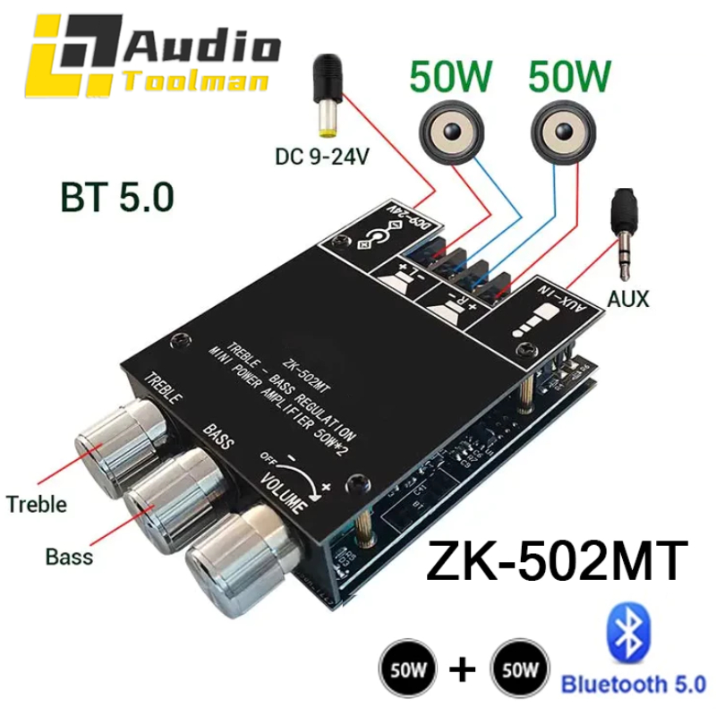502MT 2*50W Bluetooth 5.0ซับวูฟเฟอร์เครื่องขยายเสียงบอร์ด Power เครื่องขยายเสียงระบบเสียงสเตอริโอ