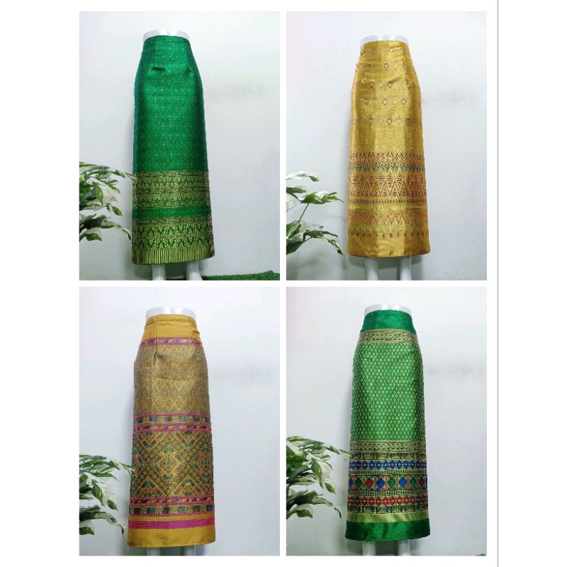 ผ้าถุงแบบป้ายฟรีไซส์ไหมสังเคราะห์แบบตะขอ#ลาวยาว#สีเขียวสีเหลือง