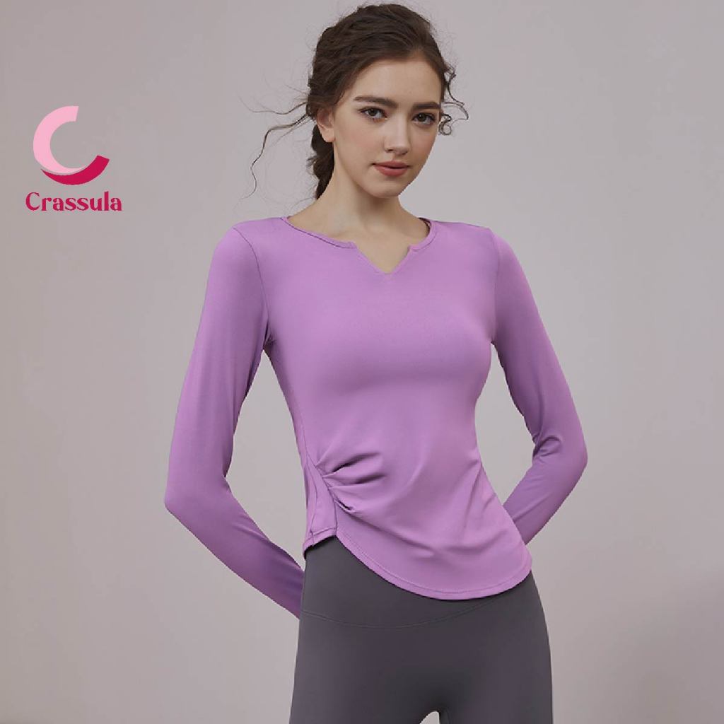 Crassula เสื้ออกกำลังกายแขนยาว แบบเต็มตัว สำหรับผู้หญิง ดีไซน์จีบช่วงเอว