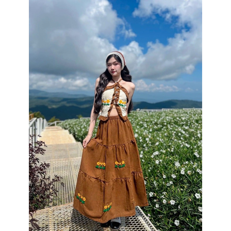 พร้อมส่ง ชุดเซ็ตผ้าฝ้าย เสื้อผูกคอ น้ำตาล