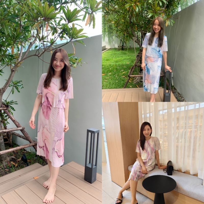 ชุดคลุมท้อง ชุดให้นม ผ้าพลีทแขนสั้น สามารถให้นมแบบแหวก ใ่ส่ง่าย ใส่สบาย ได้ทุกวัน พลีทลายสวย มีซับในเรียบร้อย