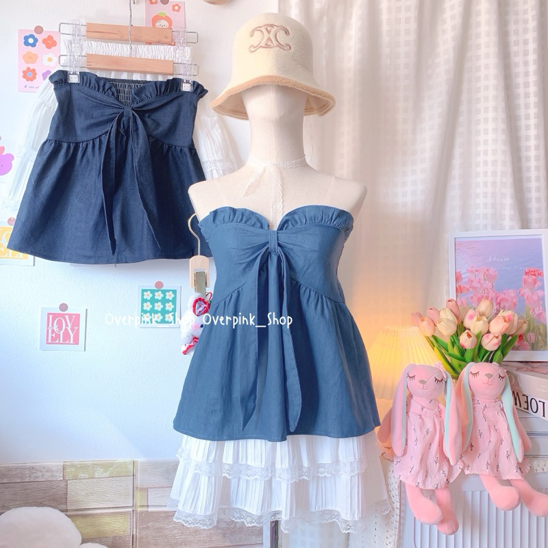 🌸OVP🌸 เสื้อเกาะอกยีนส์บาง สีล้วน หลังสม็อคดึงยาง เสื้อยีนส์ เสื้อเกาะอก