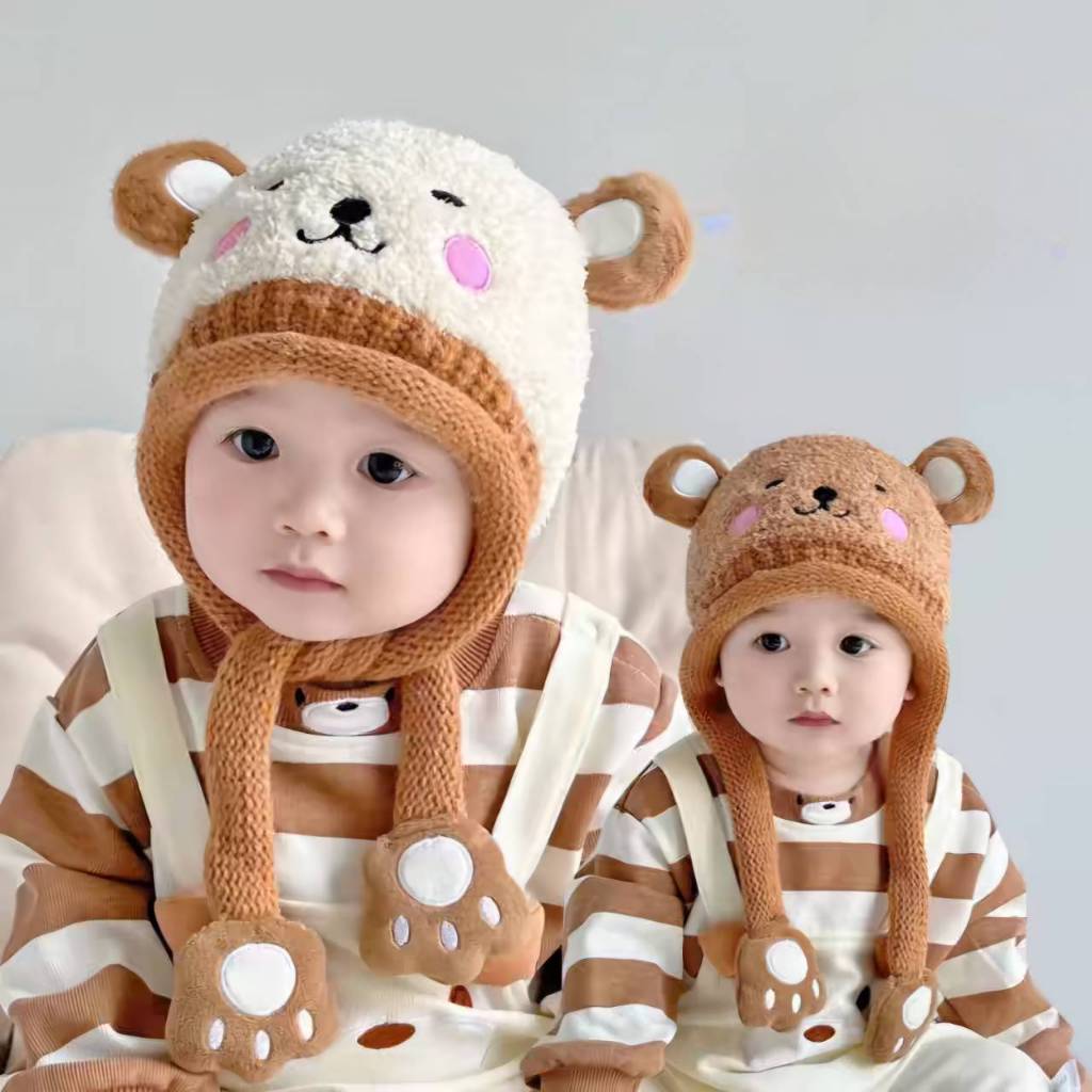 [พร้อมส่ง] หมวกไหมพรมสำหรับเด็ก 9เดือน - 4ปี รอบหัว:46-52 cm. หมวกกันหนาวเด็ก ผ้าขนแกะ แต่งลายสัตว์น่ารักๆ สายห้อยยาวๆ