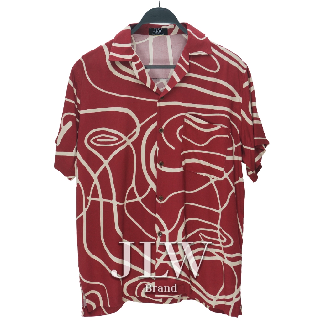 เสื้อฮาวาย ลายเส้นเส้น แดง ผ้านิ่ม M L XL Oversize คอฮาวาย JLW BRAND