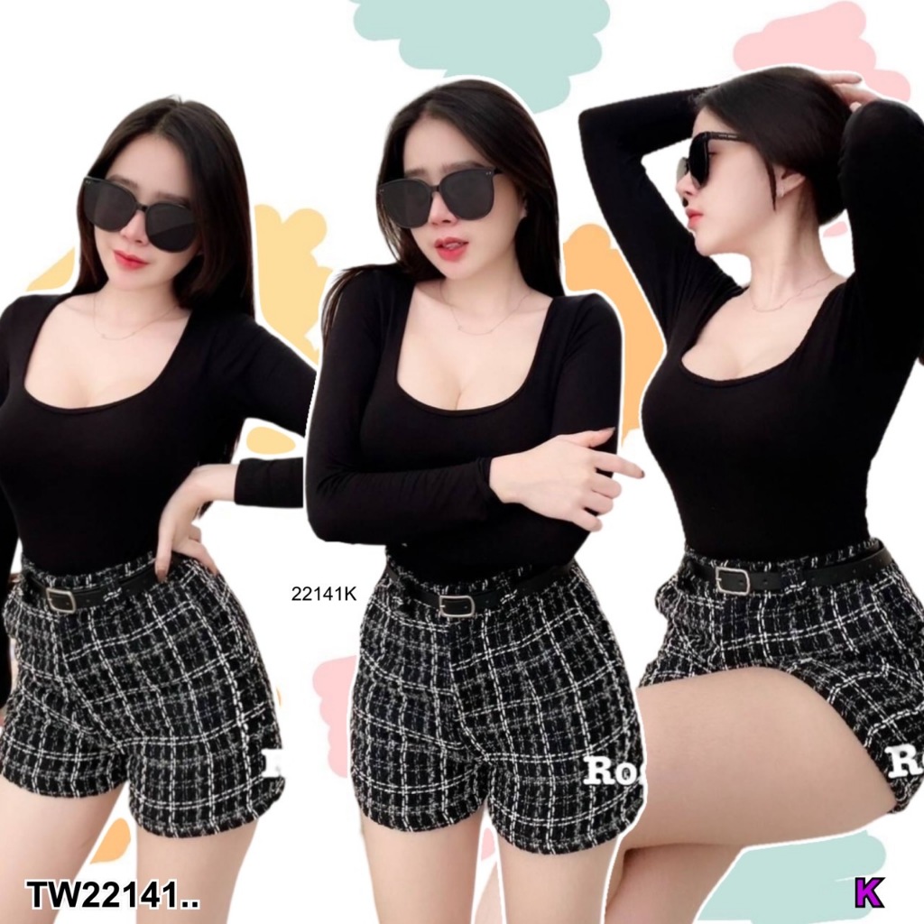 TW22141 Set 2 ชิ้น เสื้อบอดี้สูทแขนยาว + กางเกงขาสั้นลายตาราง ..
