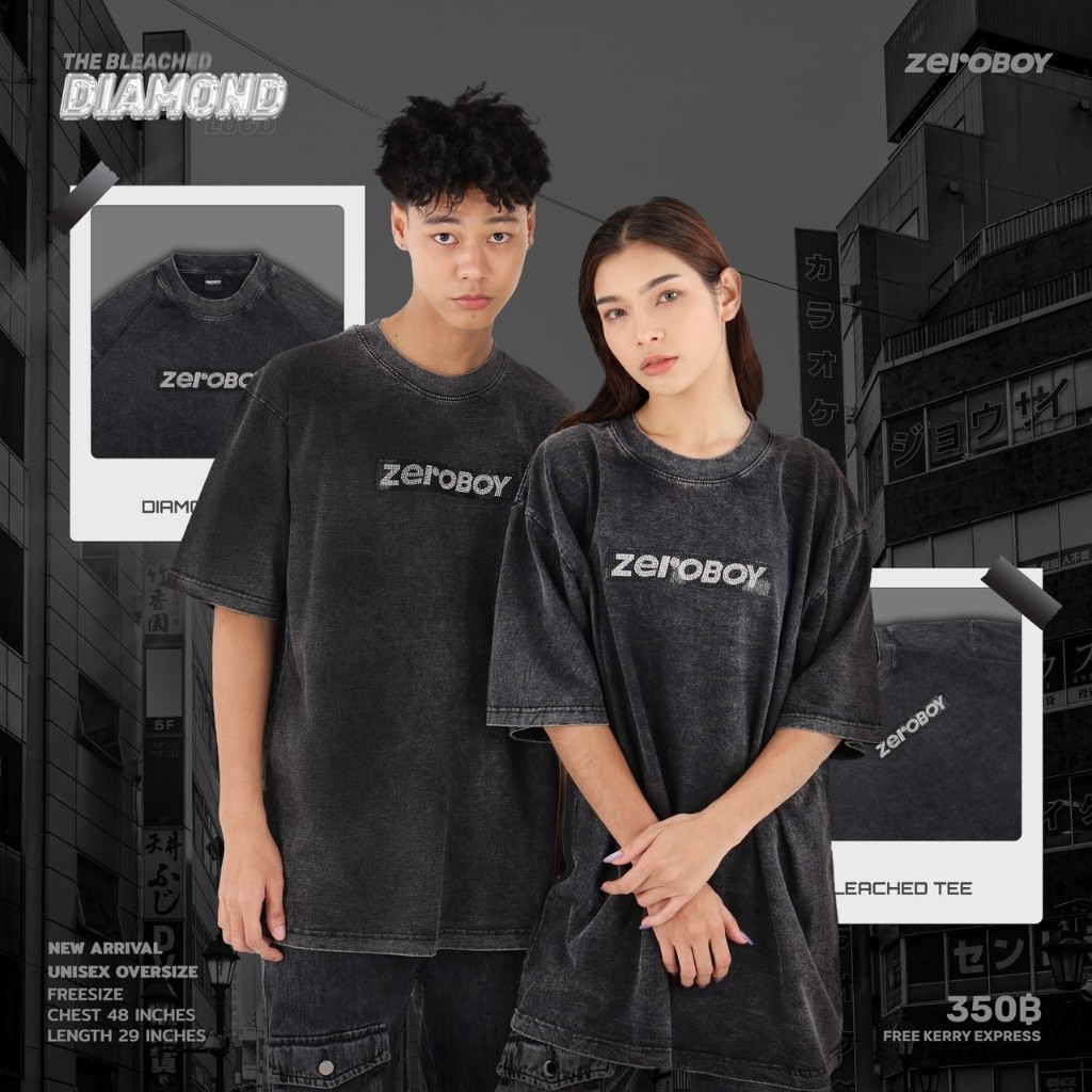 ZEROBOY- THE Bleached Diamond Logo " เสื้อยืดผ้าฟอกคลอเลคชั่นพิเศษแต่งเพชร "