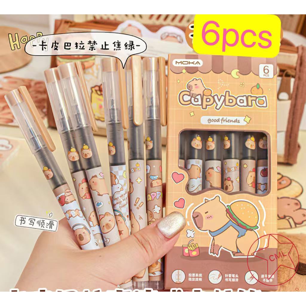6ชิ้น Kawaii Capybara ชุดปากกาเจลสีดําหมึกสีฟ้า น่ารักกดปากกาเจลความงามเครื่องเขียนโรงเรียนอุปกรณ์สํานักงานA466
