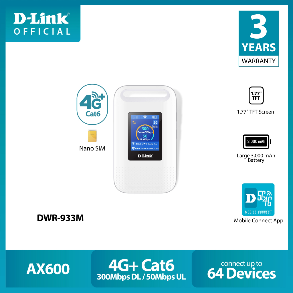 ⚡️🔥ขายดีส่งไว🔥⚡️D-LINK DWR-933M 4G+ Avance LTE pocket Wi-Fi6 แบบใส่ซิมขนาด Nano SIM