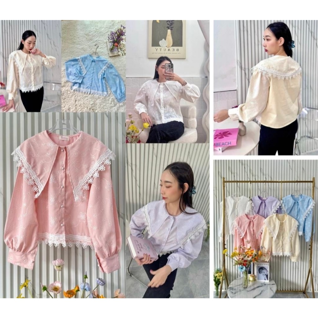 ป้าย Style Bubble เสื้อแต่งปกลูกไม้ดีเทลเดินเส้นลูกไม้ด้านหน้า ด้านหลังผ้าพื้น อก 39 นิ้ว