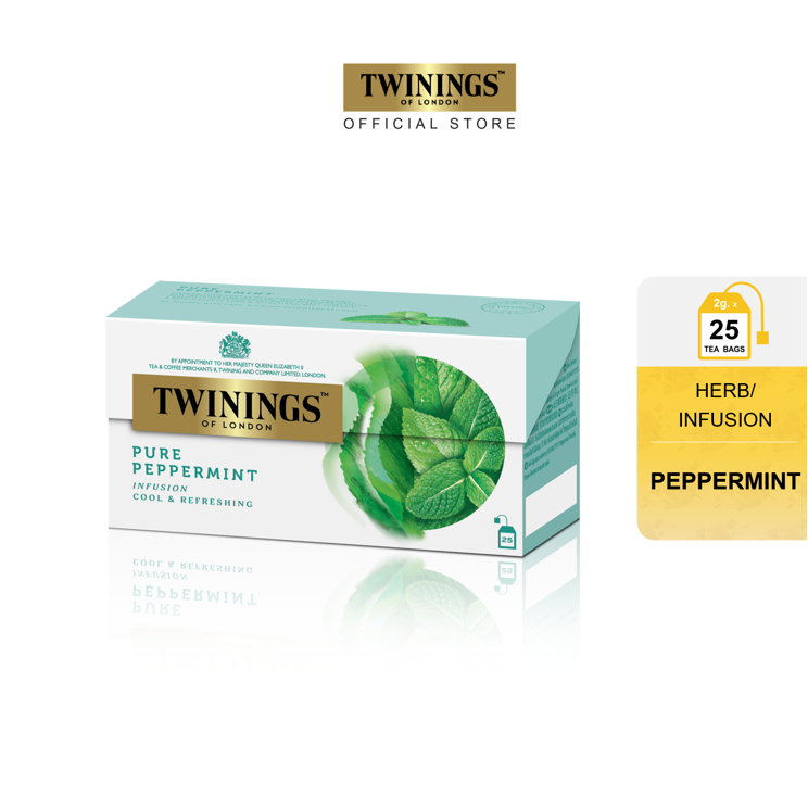 ทไวนิงส์ เครื่องดื่ม เพียว เปปเปอร์มินท์ ชนิดซอง 2 กรัม แพ็ค 25 ซอง Twinings Pure Peppermint 2 g. Pack 25 Tea Bags ชา