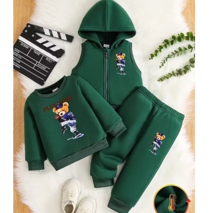 ชุดเซตเด็ก 3ชิ้นพิมพ์ลาย ชุดกันหนาว อายุ7-8 ขวบ เสื้อคอกลมแขนยาว กางเกงขายาว ฮู้ดแขนกุด ผ้าหนานุ่มพร้อมส่งจากไทย
