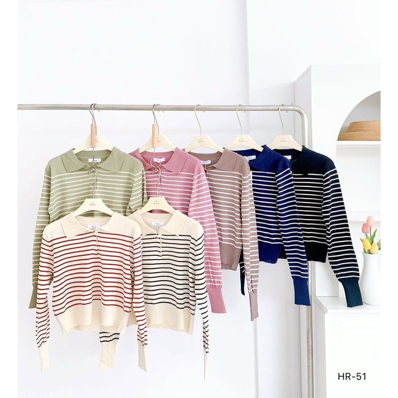 [HR-51] เสื้อคอปกกระดุมแขนยาวลายริ้ว ผ้าไหมพรม