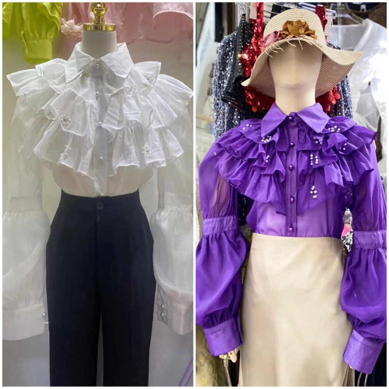 พร้อมส่ง ฟรีซับในสายเดี่ยว เสื้อเชิ้ตคอปกเเขนยาวผ้าเเก้วระบายอกอลังการ