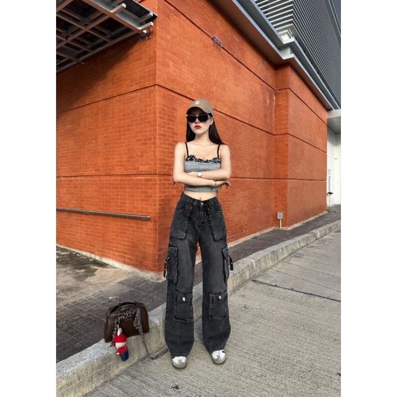 รหัส BJ003 Bosdy Jeans กางเกงยีนส์คาร์โก้กระเป๋าปืนเอวสูง ผ้าไม่ยืดสีดำฟอกเฟดสวยม๊าก